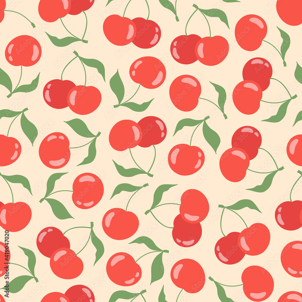 Seamless pattern with cherries and sweet cherries on a pastel yellow background. Vector stock illustration. For wrapping paper design and social media. Cute childish drawing. Hand-drawn style. Seamless pattern with cherries and sweet cherries on a pastel yellow background. Vector stock illustration. For wrapping paper design and social media. Cute childish drawing. Hand-drawn style.
