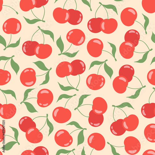Seamless pattern with cherries and sweet cherries on a pastel yellow background. Vector stock illustration. For wrapping paper design and social media. Cute childish drawing. Hand-drawn style.
