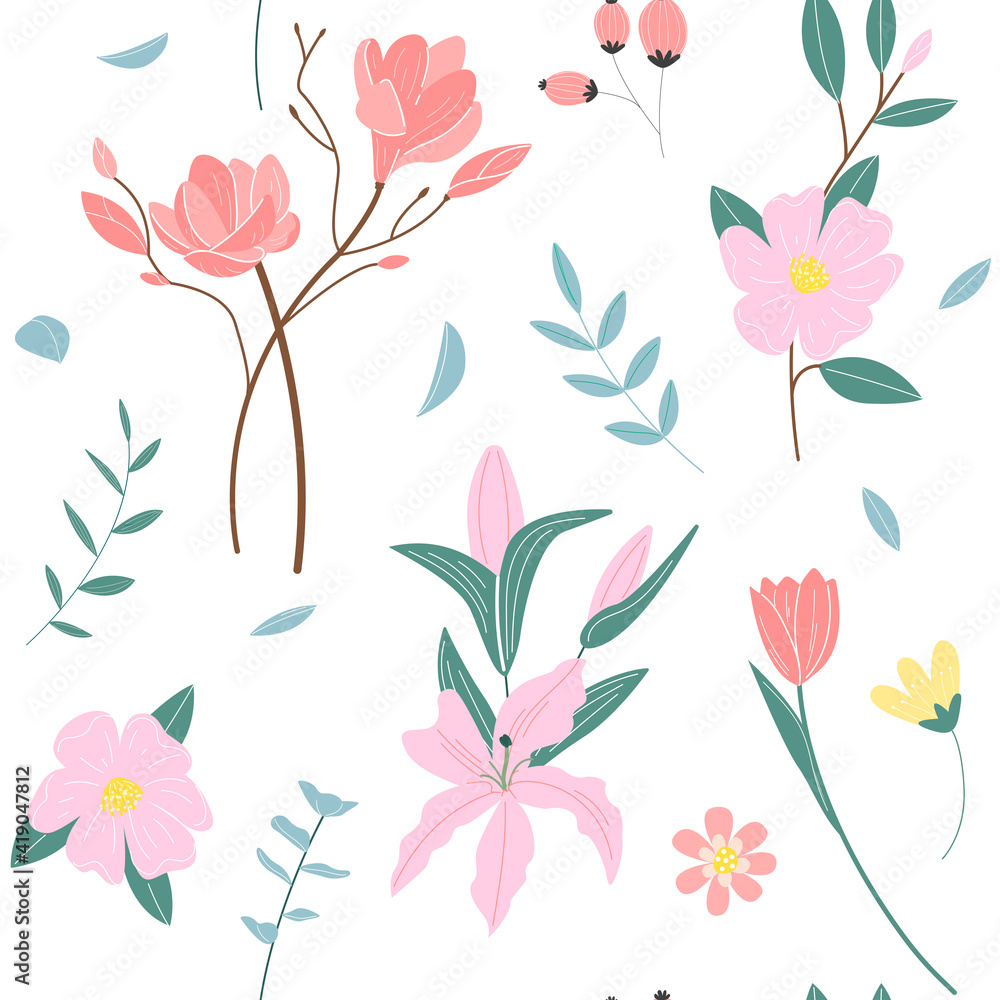 pattern from wild and garden blooming flowers isolated on white background. Vector flat cartoon illustration.