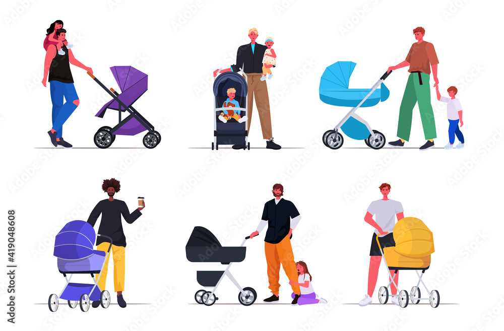 set young fathers walking outdoor with children in strollers fatherhood parenting concept dads spending time with kids full length horizontal vector illustration