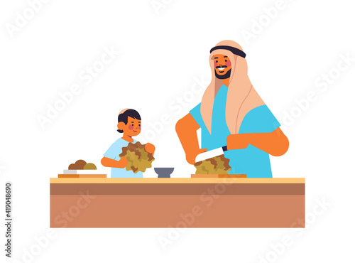 young arab father and little son preparing healthy vegetables salad parenting fatherhood concept dad spending time with his kid portrait horizontal vector illustration