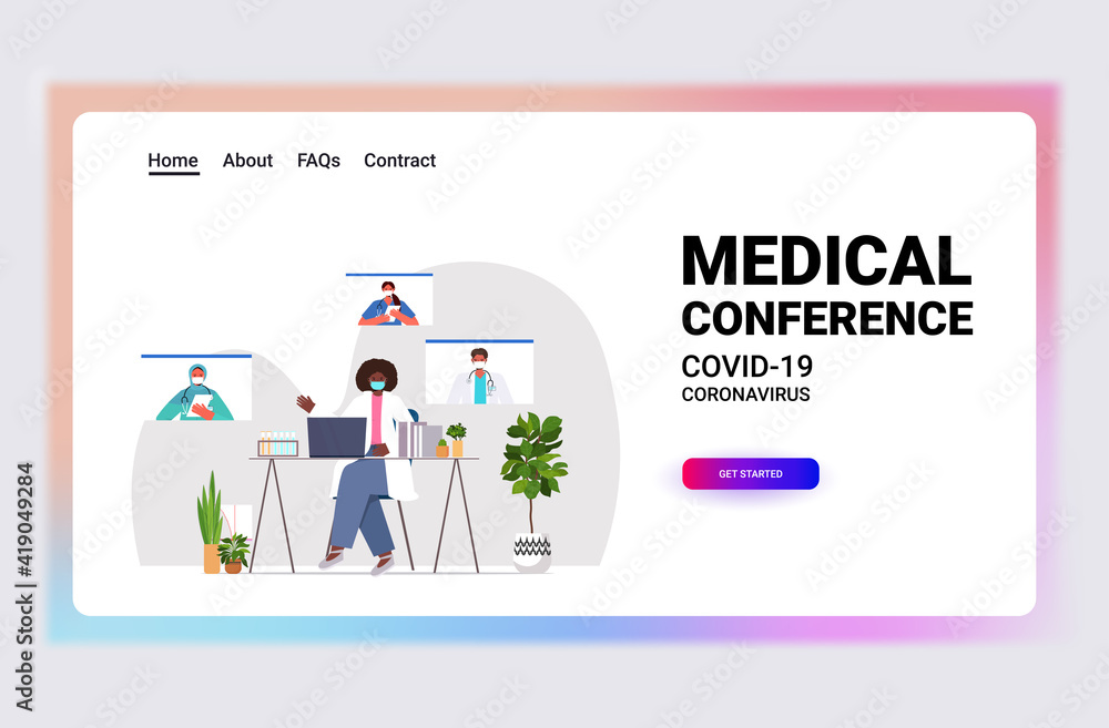 team of mix race doctors discussing during video call virtual medical conference covid-19 pandemic self isolation medicine healthcare concept horizontal vector illustration