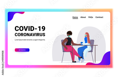 doctor in mask taking blood sample of african american woman patient on rapid test fight against coronavirus concept horizontal full length vector illustration