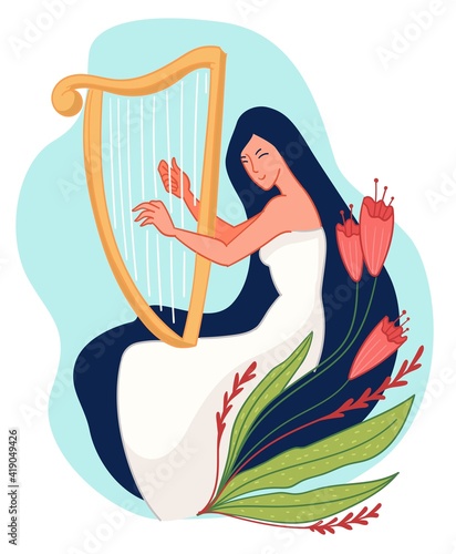 Harpist woman playing string musical instrument