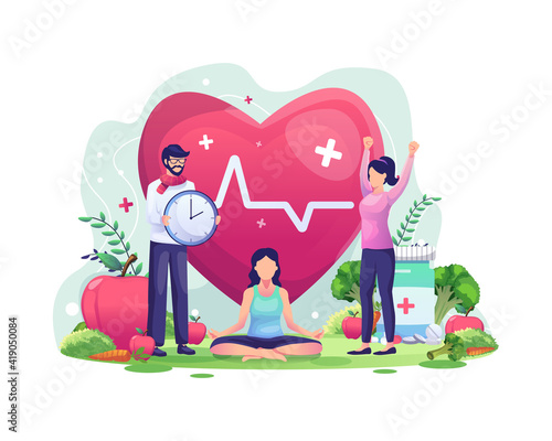World Health Day illustration concept with characters people are exercising, yoga, living healthy