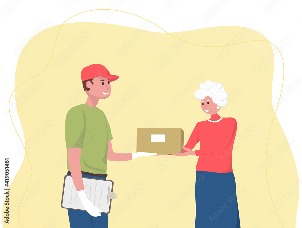 Shopping online. Free delivery. Parcel or box delivery concept. Young courier delivery man delivers the parcel or box to senior woman. Online order. Flat vector illustration. Delivery Giving Box. Shopping online. Free delivery. Parcel or box delivery concept. Young courier delivery man delivers the parcel or box to senior woman. Online order. Flat vector illustration. Delivery Giving Box.