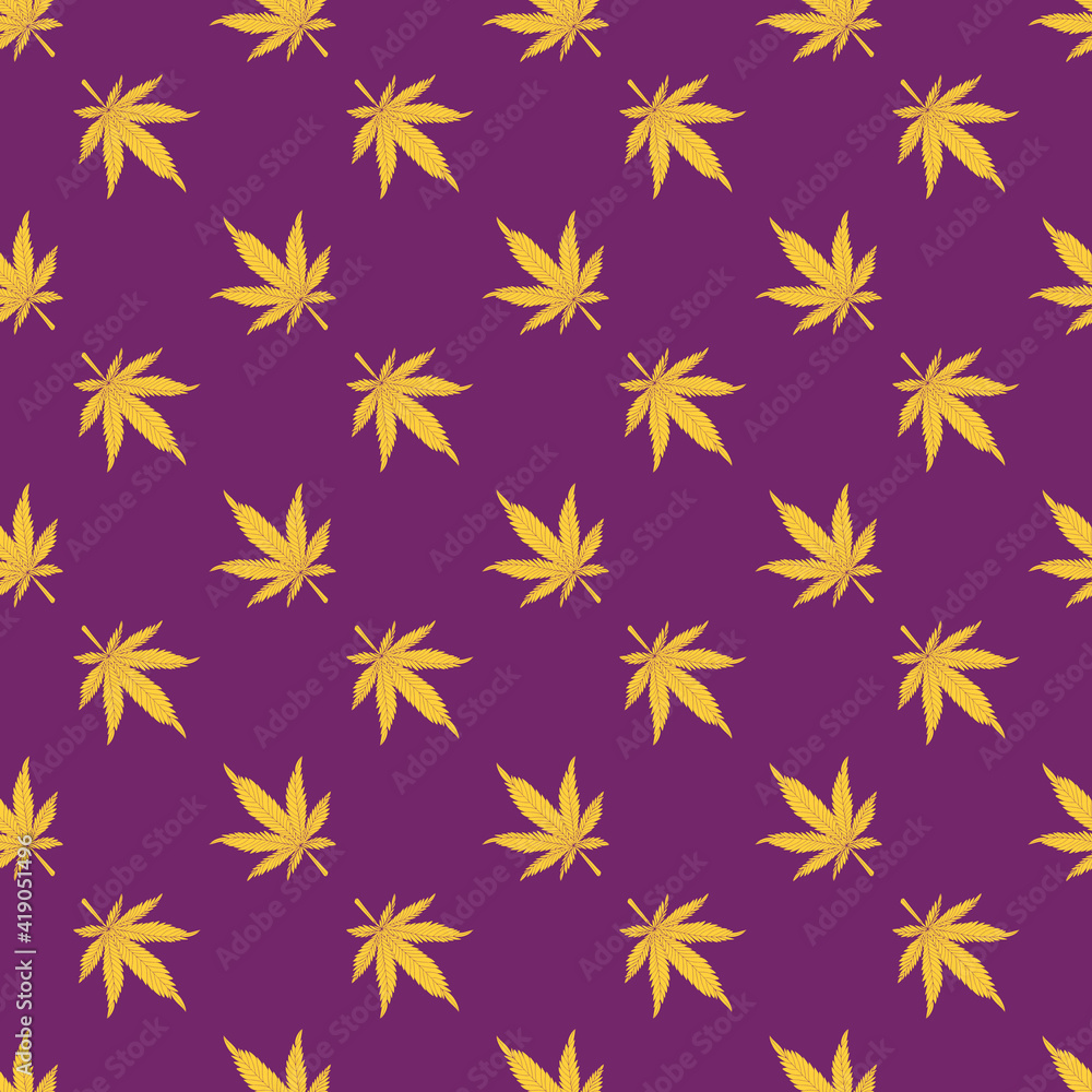 Cannabis seamless pattern. Yellow hemp leaves on a purple background. Marijuana pattern vector illustration Cannabis seamless pattern. Yellow hemp leaves on a purple background. Marijuana pattern vector illustration