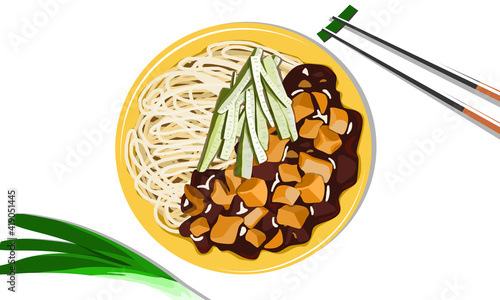 Jajangmyeon, Chinese-style Korean noodle with thick sauce made from chunjang, vegetables and diced pork on white background. Isolated asian food vector illustration. photo