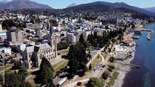 Drone shot of Bariloche's Cathedral and the city