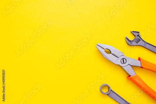 Set of children's plastic tools on an isolated background.