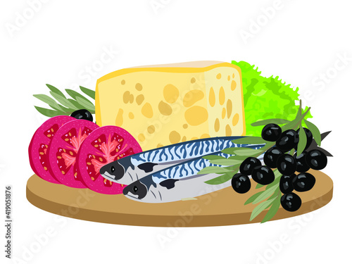Still life of vegetables with seafood and olives. Vegetarian diet herring, olives, tomatoes , cheese and salad. Painting Mediterranean kitchen design recipes, showcases.