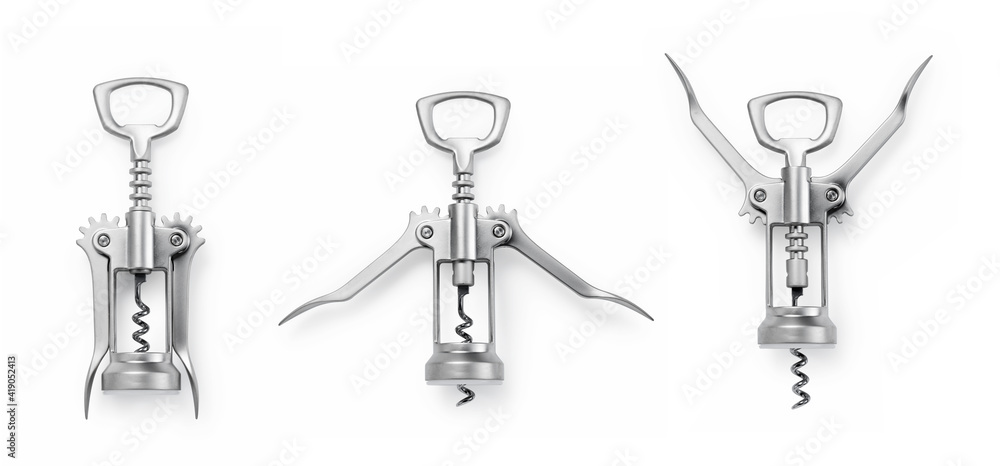 A set of three steps of metal wine bottle openers on a white background - obrazy, fototapety, plakaty 