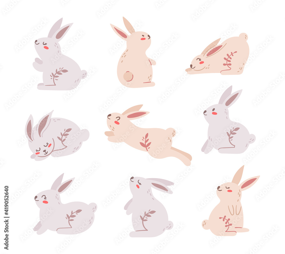 Pastel Easter rabbit or bunny kids clipart set, boho Easter animals bundle, cute baby bunny isolated elements on white, cartoon vector illustration set