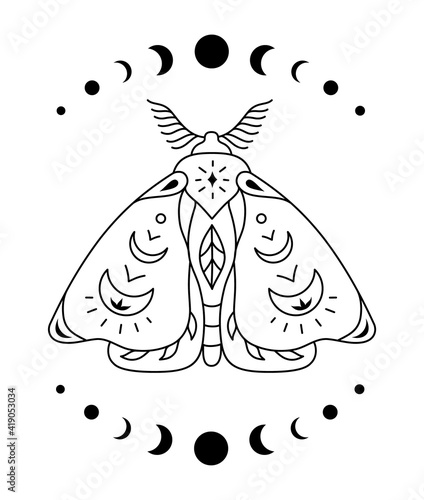 Boho mystical butterfly woth moon. Magic vintage moth isolated not white. Vector silhouette of an insect. Celestial symbol in outline style.