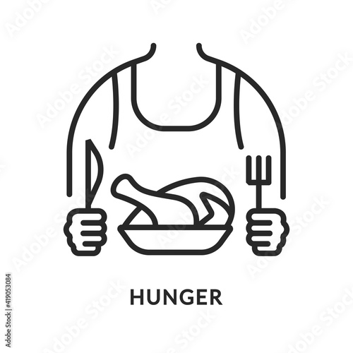 Hunger flat line icon. Vector illustration of a man who wants to eat all the time. A person with a chicken on a plate. Frequent desire to eat. Diabetes symptom.