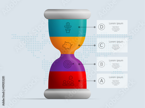 hourglass, sandglass infographics 4 steps for business presentation