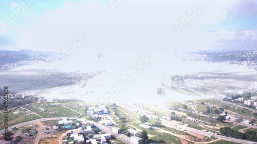 Large Nuclear explosion ove Big city, aerial view, Jerusalem
Drone view of dirty bomb exploding over Jerusalem city, israel 
 photo