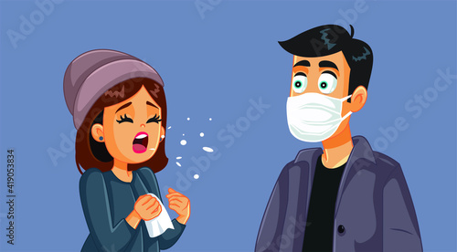 Woman Not Wearing a Mask Sneezing in Public