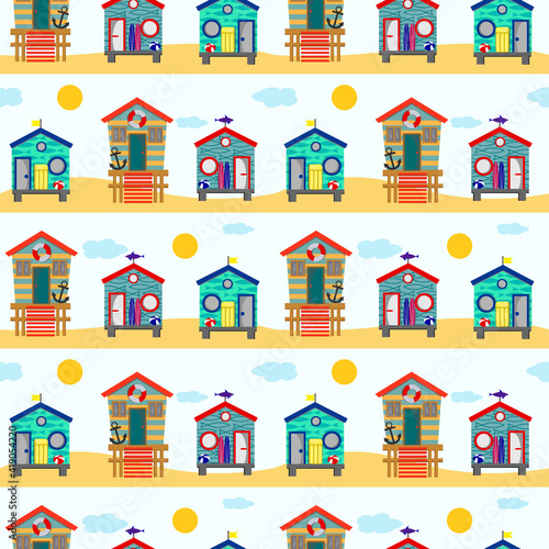 Pattern with beach houses on yellow sand with sun and clouds. Vector illustration on a light blue background. For use in a variety of designs - scrapbooking, wrapping paper, fabric, leaflet and flyer