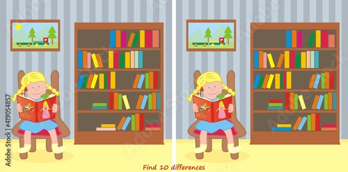 Find ten differences, girl in the library, vector illustration