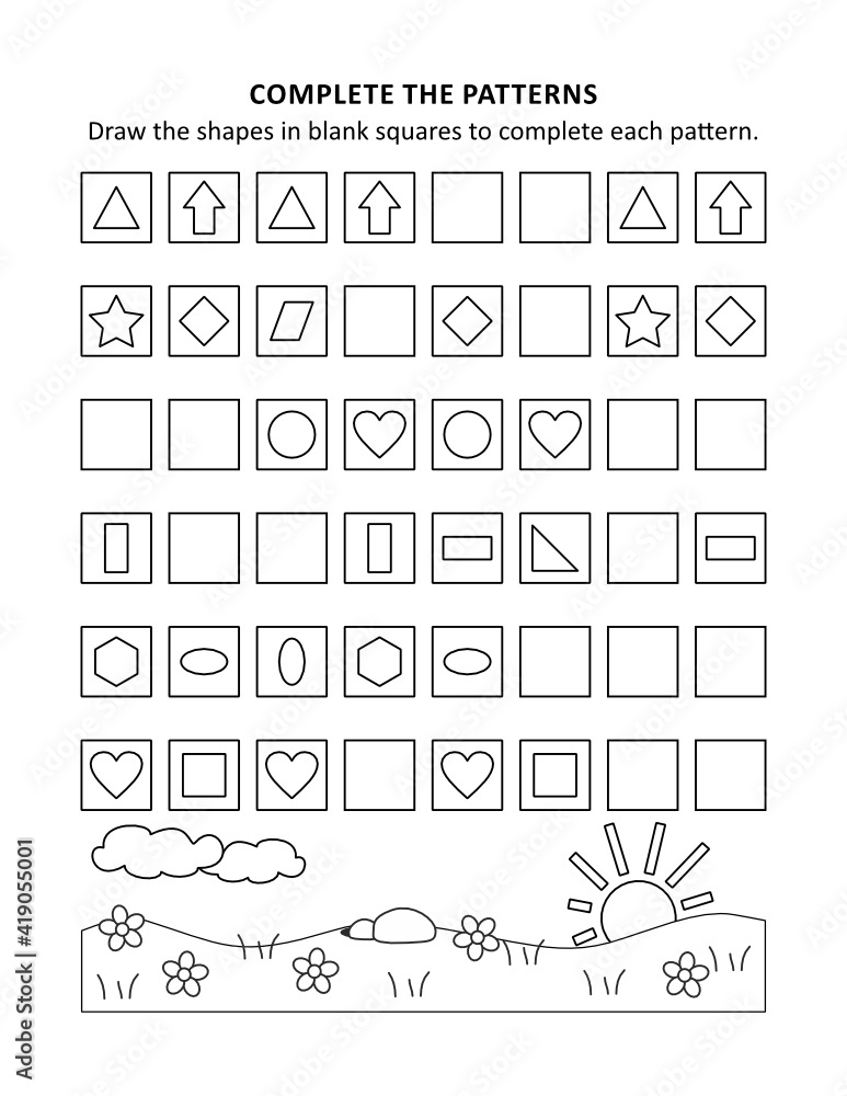 Math worksheet for kids with patterns and shapes
Math worksheet for kids with patterns and shapes