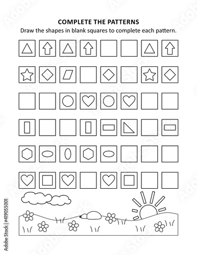 Math worksheet for kids with patterns and shapes
