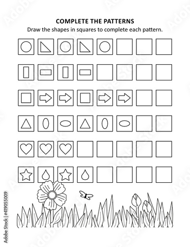 Math worksheet for kids with patterns and shapes

