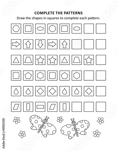 Math worksheet for kids with patterns and shapes
