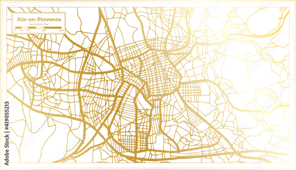 Aix en Provence France City Map in Retro Style in Golden Color. Outline Map.