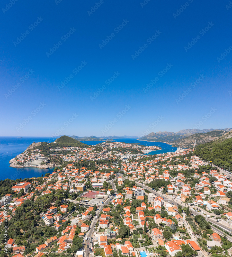 Aerial drone shot of high way from Old town Dubrovnik to Lapad Peninsula in Croatia summer noon