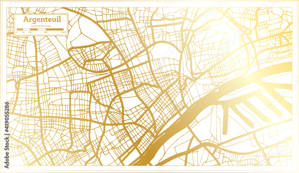 Argenteuil France City Map in Retro Style in Golden Color. Outline Map.