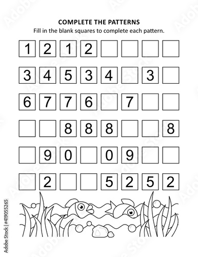 Educational math activity sheet and coloring page for kids to learn and practice basic skills of recognising patterns and numbers 
