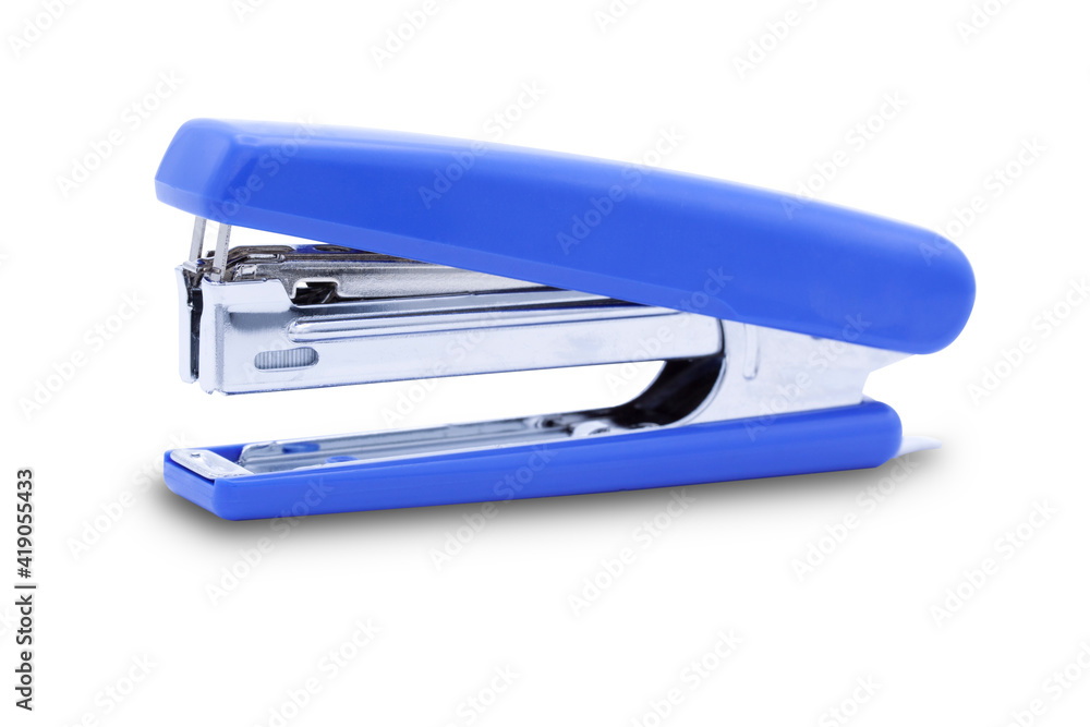 Blue stapler isolated on white background with clipping path use for advertising new stapler product show stronger, shape, style and usefull. Blue stapler isolated on white background with clipping path use for advertising new stapler product show stronger, shape, style and usefull.