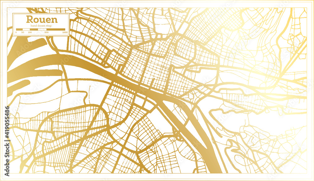 Rouen France City Map in Retro Style in Golden Color. Outline Map.