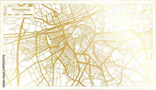 Perpignan France City Map in Retro Style in Golden Color. Outline Map.
