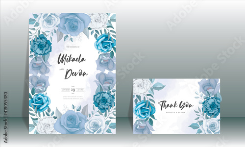 Modern wedding invitation card with blue flowers 