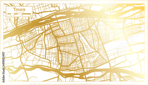 Tours France City Map in Retro Style in Golden Color. Outline Map.