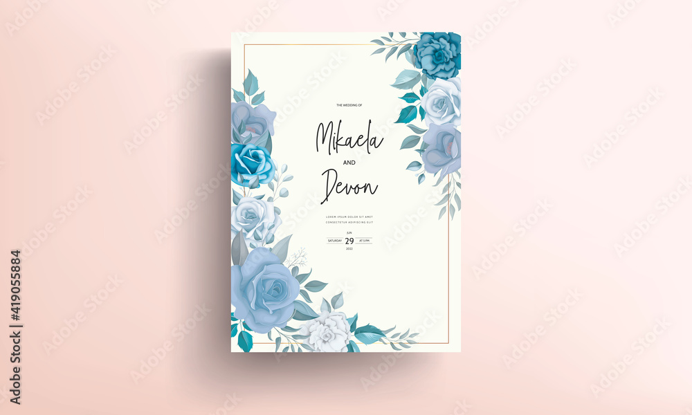 Fototapeta premium Modern wedding invitation card with blue flowers 