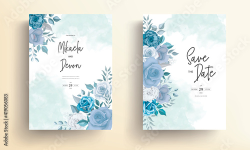 Modern wedding invitation card with blue flowers 