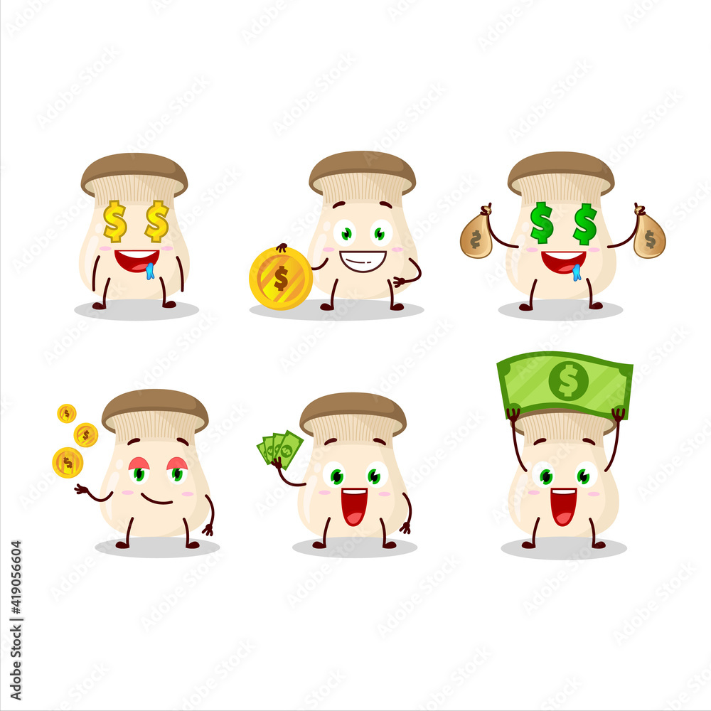 King trumpet mushroom cartoon character with cute emoticon bring money King trumpet mushroom cartoon character with cute emoticon bring money