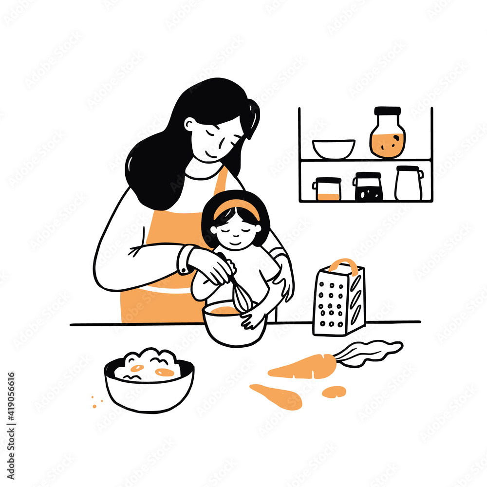 Hand drawn young woman and child cooking together. Cartoon character smiling and cute. Doodle sketch style illustration. Concept of mom and daughter, cooking with kids, family lifestyle. Hand drawn young woman and child cooking together. Cartoon character smiling and cute. Doodle sketch style illustration. Concept of mom and daughter, cooking with kids, family lifestyle.