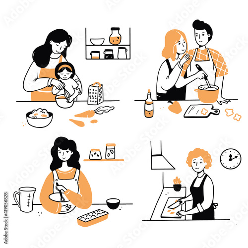 Hand drawn set of cooking people character. Smiling young woman, mom with child, couple cook together. Doodle sketch style illustration. Concept of home prepare dish, dinner on the kitchen.