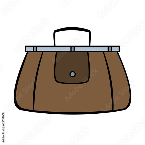 Brown travel valise in cartoon style on white background.