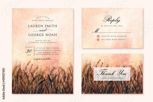 wedding invitation set with sunset grass field watercolor background