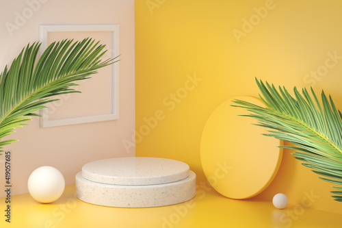 Wallpaper Mural Mockup Empty Platform Yellow Corner Room With Palm Leaf Abstract Background 3d Render Torontodigital.ca