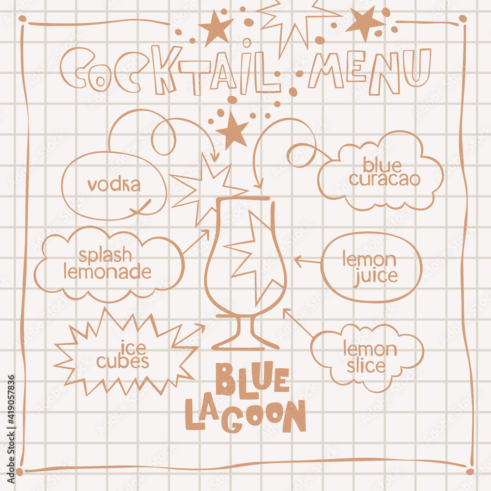 Blue Lagoon. Cocktail menu. Alcoholic cold drinks. Recipe. Lettering, arrows, dialog clouds. Stars and dots, blots. Gray checkered background. Isolated vector objects. Cartoon glass. Blue Lagoon. Cocktail menu. Alcoholic cold drinks. Recipe. Lettering, arrows, dialog clouds. Stars and dots, blots. Gray checkered background. Isolated vector objects. Cartoon glass.
