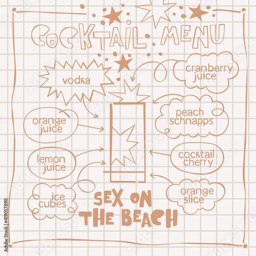 Sex on the beach. Cocktail menu. Alcoholic cold drinks. Recipe. Lettering, arrows, dialog clouds. Stars and dots, blots. Gray checkered background. Isolated vector objects. Cartoon glass. 