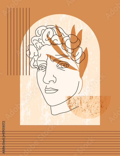 Antique Sculpture of David in a Minimal Trendy Style. Vector Boho Illustration of the Greek God, Geometric Shapesand Floral elements for Prints on t-Shirts, Posters, Cards, Covers, Social Media Post