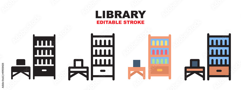Library icon set with different styles. Editable stroke and pixel perfect. Can be used for web, mobile, ui and more.
