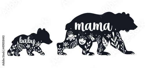 Mama bear and baby bear silhouettes with flowers and leaves. Kids poster for nursery. Mothers Day card. Bear family isolated on white background. Cute baby illustration.